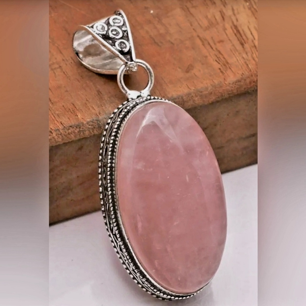 LARGE ROSE QUARTZ GEMSTONE PENDANT • HANDMADE • VINTAGE-INSPIRED